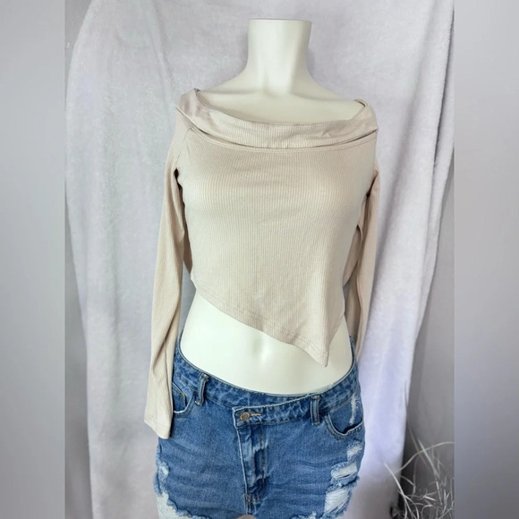 Ribbed Knit‎ Top Asymmetrical Long Sleeve Off Shoulder Crop Top - Picture 6 of 7